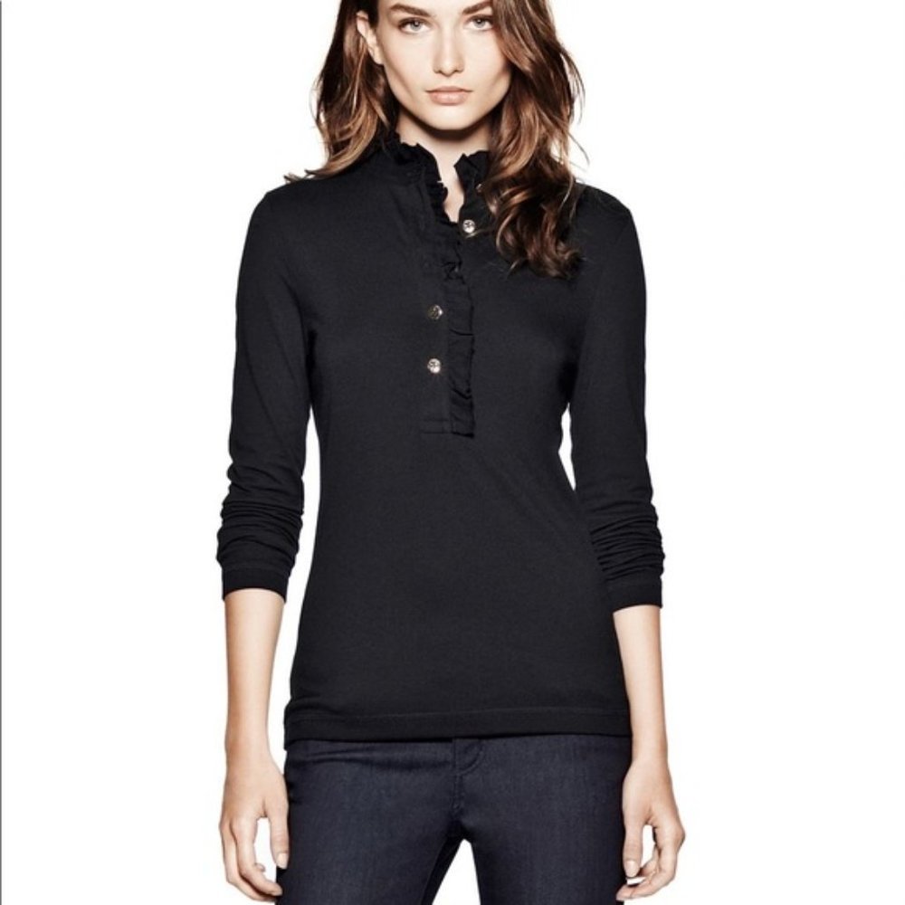 Tory Burch Navy Lidia Ruffle Polo Top